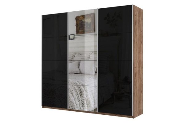 3-door wardrobe Cors 210x230 cm, craft tobacco oak, black facade, with one mirror