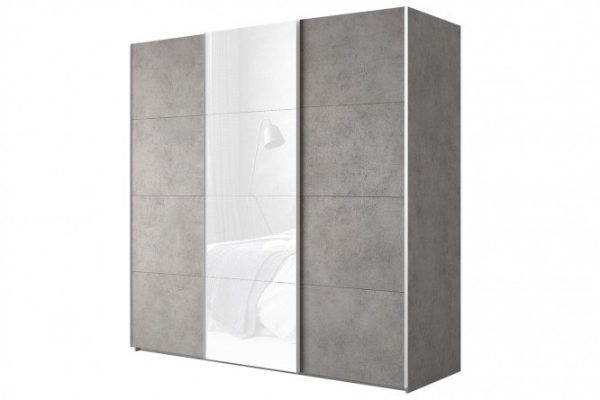 3-door wardrobe Comet 270x220 cm light concrete, white glass facades, light concrete
