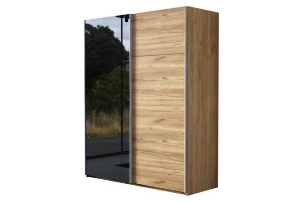 Sliding wardrobe 2-door Comet 200x220 cm kraft tobacco oak, black glass fronts, kraft tobacco oak