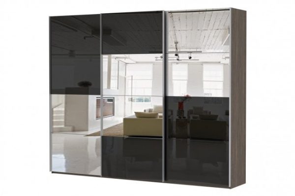 3-door wardrobe Comet 300x240 cm wenge Mali, fronts black glass, mirror