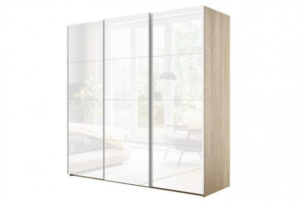 3-door wardrobe Comet 300x240 cm Bardolino oak, white glass fronts