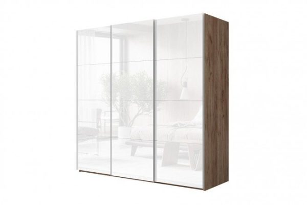 3-door wardrobe Comet 300x220 cm kraft oak tobacco, white glass fronts