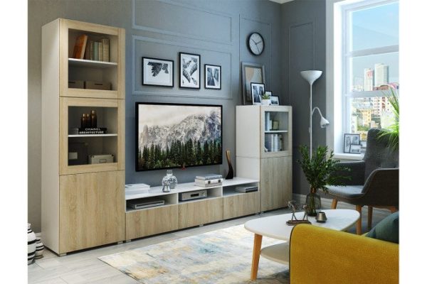 Living room Oscar with cabinet and wardrobe with push-to-open, white / sonoma oak