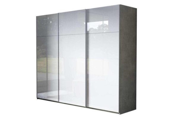 3-door wardrobe Comet 240x220 cm light concrete, white glass facades