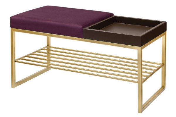 Banquette Ruby box smooth upholstery color Marsala, legs gold