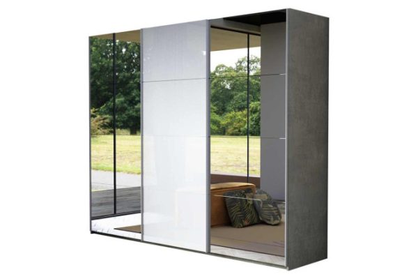 3-door wardrobe Comet 270x240 cm light concrete, mirror fronts, white glass