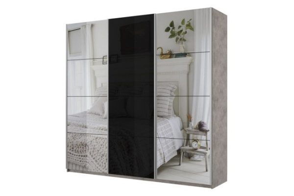3-door wardrobe Cors 210x230 cm, light concrete, black facade, with two mirrors