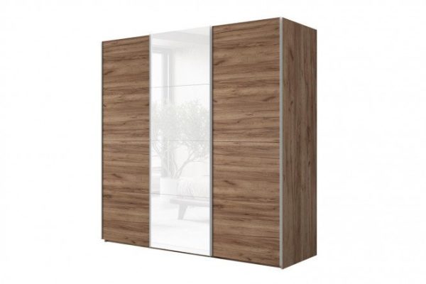 Sliding wardrobe 3-door Comet 300x220 cm kraft tobacco oak, white glass fronts, kraft tobacco oak