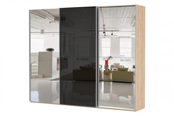 3-door wardrobe Comet 270x220 cm Bardolino oak, black glass fronts, mirror