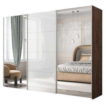 3-door wardrobe Comet 300x220 cm kraft oak tobacco, mirror fronts, white glass