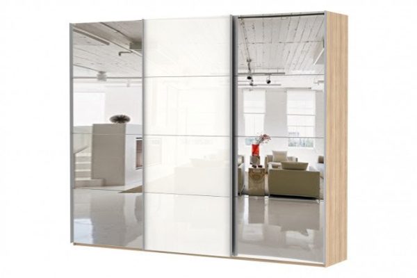 3-door wardrobe Comet 240x240 cm Bardolino oak, white glass fronts, mirror