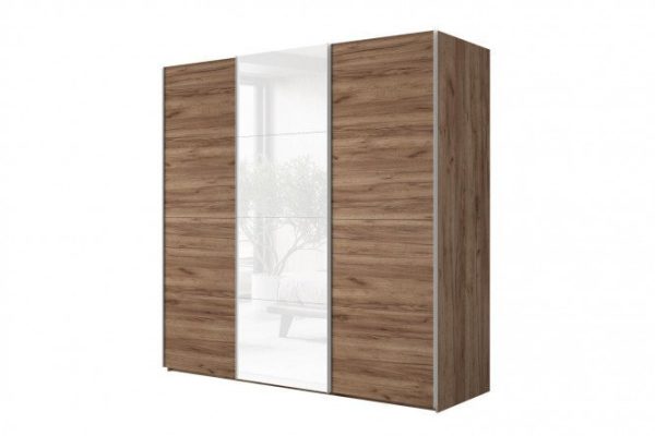 3-door wardrobe Comet 300x240 cm kraft tobacco oak, white glass fronts, kraft tobacco oak