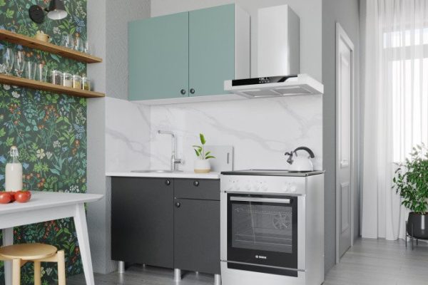 Kitchen set Demi 100x210x42.6 cm, frame color white, front top - twilight blue, bottom - graphite gray