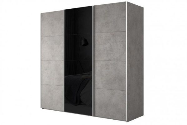 3-door wardrobe Comet 300x220 cm light concrete, black glass fronts, light concrete
