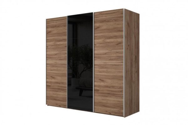 Sliding wardrobe 3-door Comet 300x220 cm kraft tobacco oak, black glass fronts, kraft tobacco oak