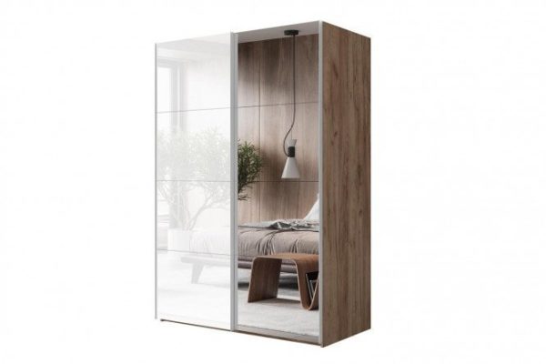 Sliding wardrobe 2-door Comet 160x240 cm kraft oak tobacco, mirror fronts, white glass