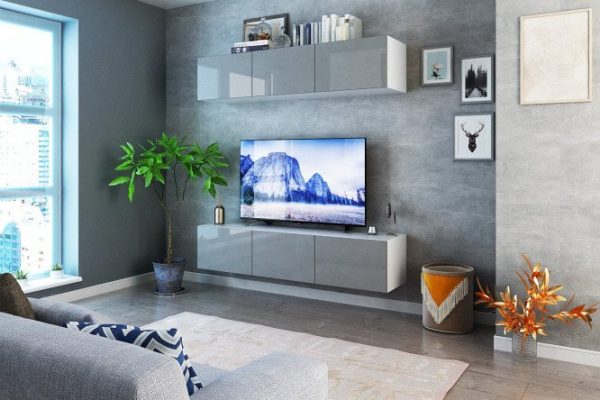 Living room Oscar with TV stand and wardrobe with push-to-open doors, white / dusty gray gloss