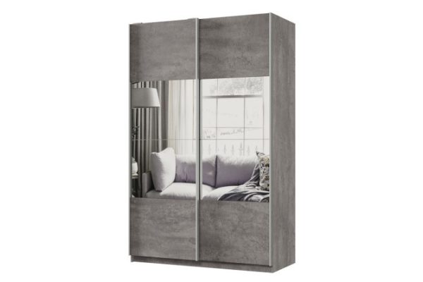 Sliding wardrobe 2-door Praktik 140x220x60 cm, concrete, silver profile, with mirror inserts