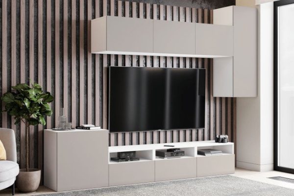 Living room Oscar Moon with 5 doors and 3 drawers with push-to-open, white / light gray soft