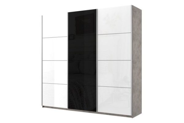 3-door wardrobe Cors 210x230 cm, light concrete, white gloss facade, black