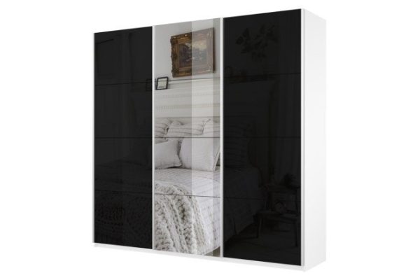 3-door wardrobe Cors 210x230 cm, white snow, black facade, with one mirror