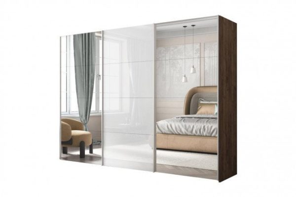 3-door wardrobe Comet 300x240 cm kraft oak tobacco, mirror fronts, white glass