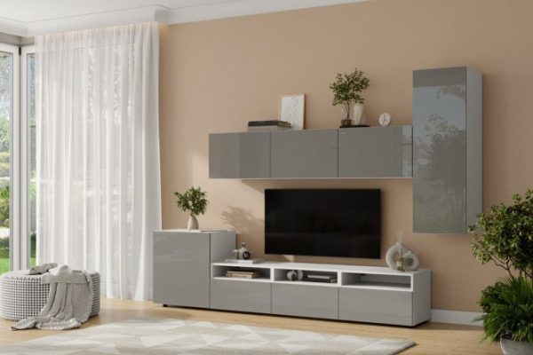 Living room Oscar Amika 5 doors and 3 drawers with push-to-open, white / dusty gray gloss