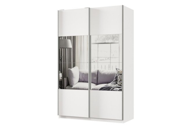 Sliding wardrobe 2-door Praktik 140x240x60 cm, white, silver profile, with mirror inserts