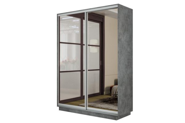 2-door wardrobe Slide-2 140x240x60 cm, Concrete/silver, with two mirrors