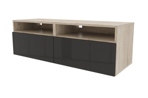 Cabinet with drawers and shelf Oscar Amika 120x38 with push to open, Sonoma oak / glossy black graphite