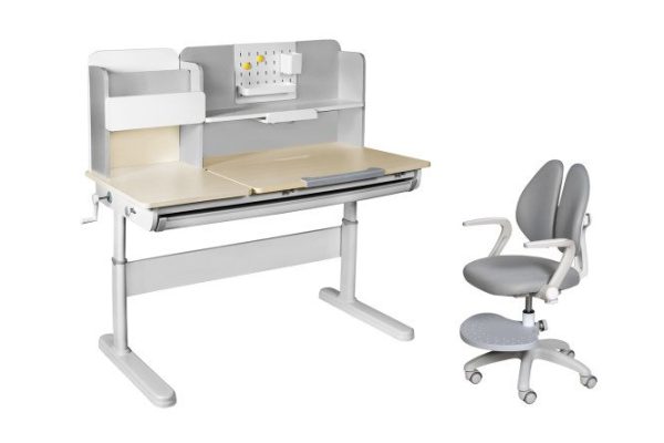 Furniture set: desk Ginepro Gray and armchair with armrests and stand Primo Gray