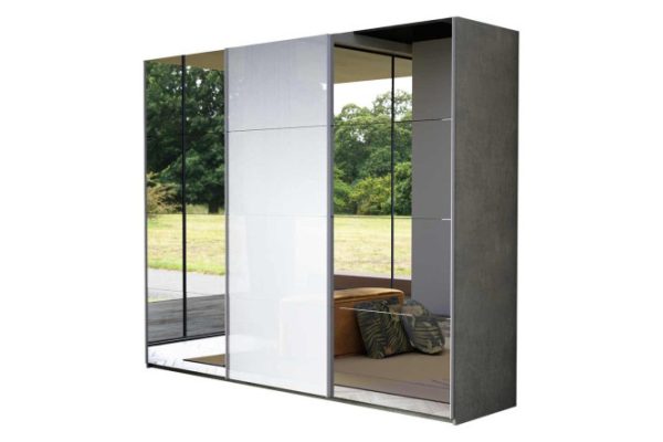 3-door wardrobe Comet 300x240 cm light concrete, mirror fronts, white glass