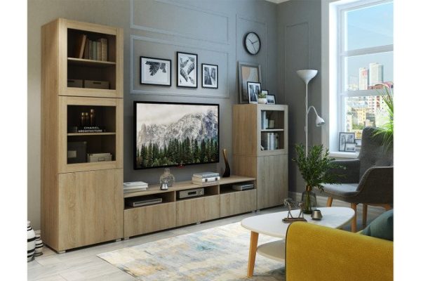 Living room Oscar with cabinet and wardrobe with push-to-open, sonoma oak