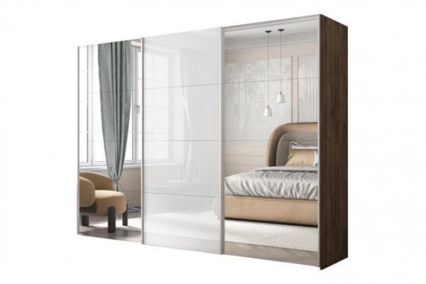 3-door wardrobe Comet 240x220 cm kraft oak tobacco, mirror fronts, white glass