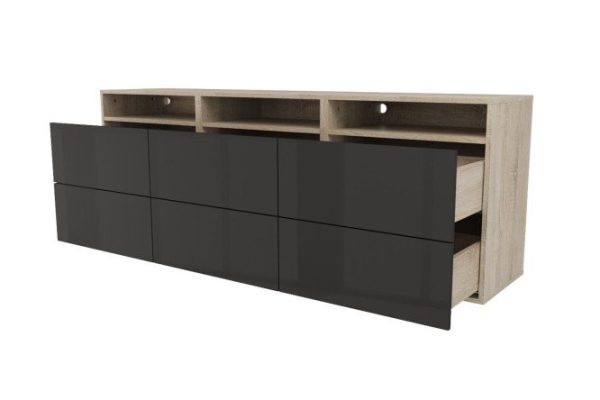 Cabinet 3 shelves and 6 drawers Oscar Amika 180x64 with push to open, Sonoma oak / glossy black graphite