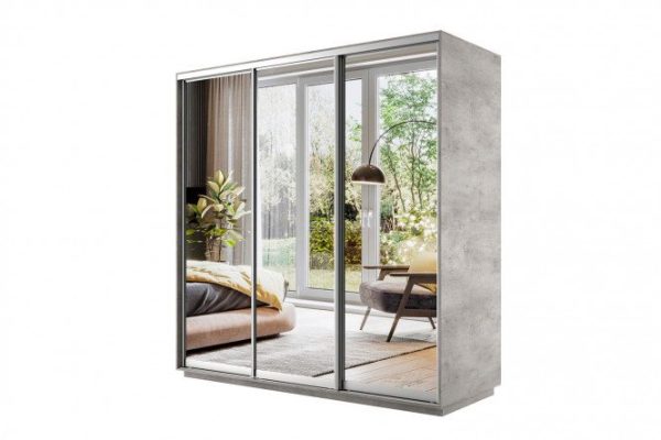 3-door wardrobe Slide 180x220x60 cm, light concrete, with three mirrors