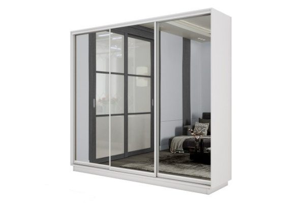 3-door wardrobe Slide-2 180x220x45 cm, white snow/silver, with three mirrors