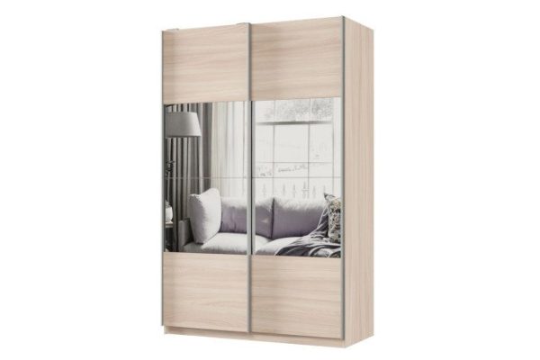 Sliding wardrobe 2-door Praktik 140x240x60 cm, light Shimo ash, silver profile, with mirror inserts