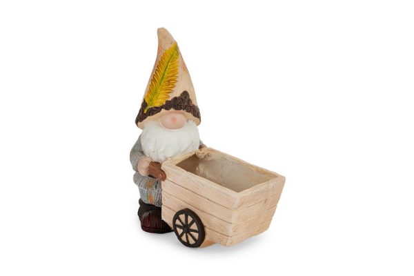 Decorative figurine Gnome with a cart with a flowerpot 34.5 cm, Magnesia