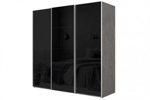 3-door wardrobe Comet 270x220 cm light concrete, black glass facades