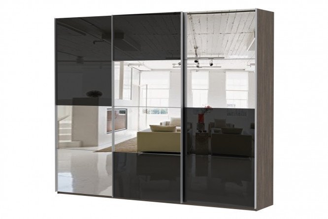 3-door wardrobe Comet 270x220 cm wenge Mali, fronts black glass, mirror