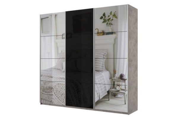 3-door wardrobe Cors 180x230 cm, light concrete, black facade, with two mirrors