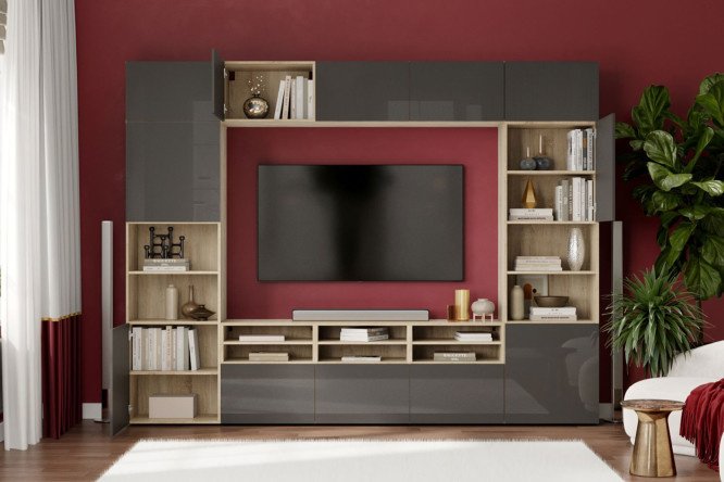 Modular living room Oscar Amica with push-to-open, Sonoma oak / glossy black graphite
