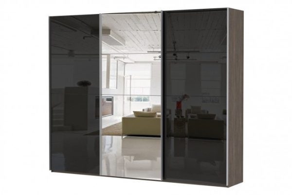 3-door wardrobe Comet 270x240 cm wenge Mali, fronts black glass, mirror