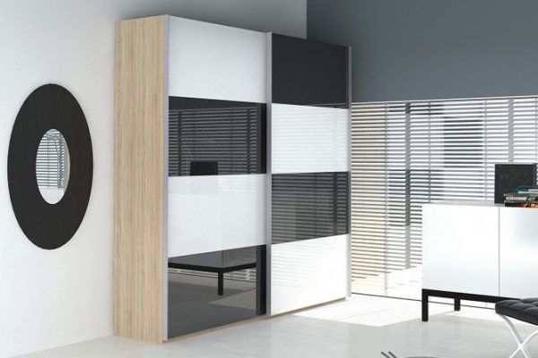 Sliding wardrobe 2-door Comet 180x240 cm Bardolino oak, white and black glass facades