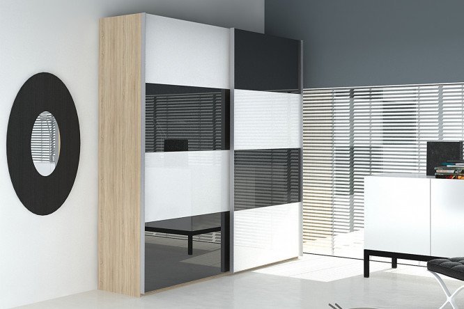 Sliding wardrobe 2-door Comet 180x240 cm Bardolino oak, white and black glass facades