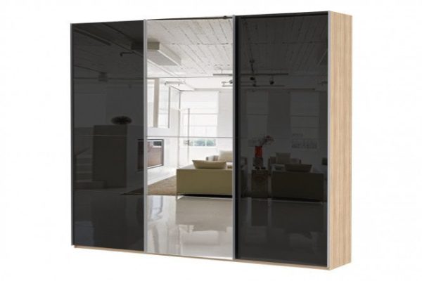 3-door wardrobe Comet 300x240 cm Bardolino oak, black glass fronts, mirror
