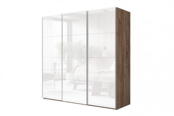 3-door wardrobe Comet 240x240 cm kraft tobacco oak, white glass fronts