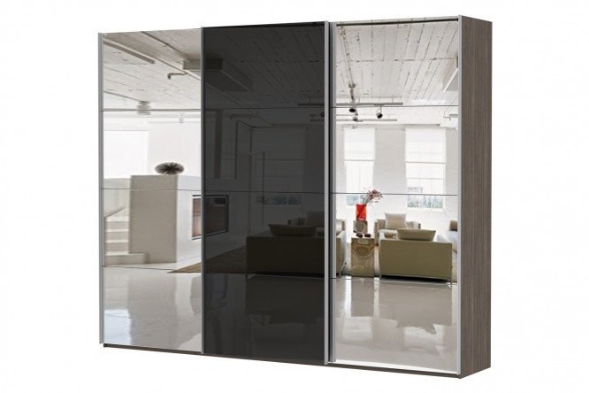 3-door wardrobe Comet 270x220 cm wenge Mali, fronts black glass, mirror