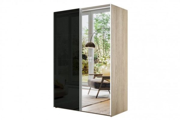 2-door wardrobe Comet 200x220 cm Bardolino oak, black glass fronts, mirror